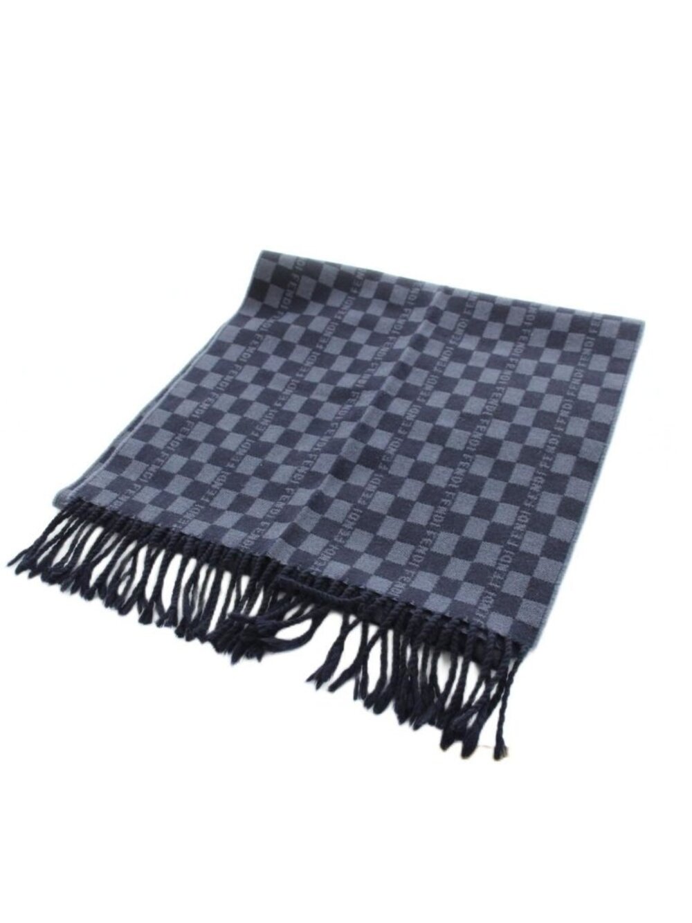 Fendi Scarf Shawl Logo All Over Print Fringe Navy